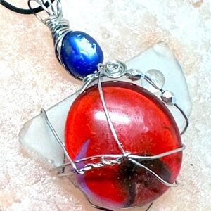 Red Glass Pendant Artisan Hand Painted Cabochon, Wire Wrap Handmade 4250